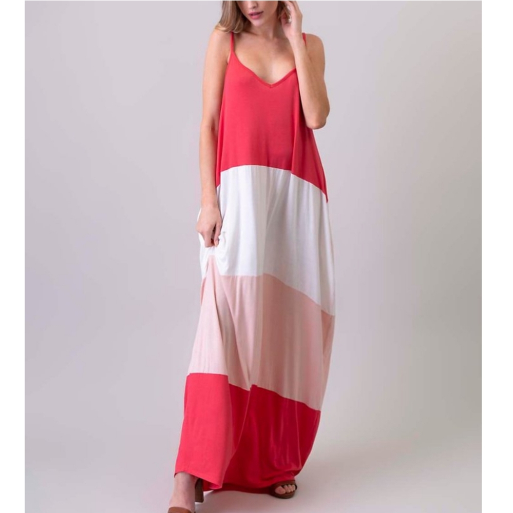 Coral & White Colorblock Maxi Spaghetti Dress